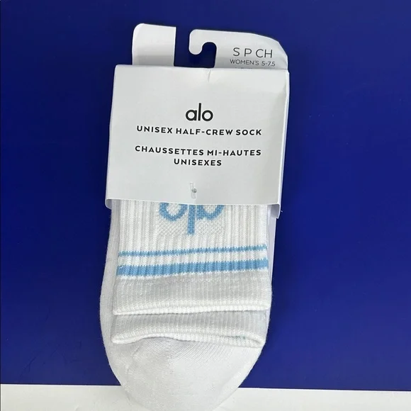 Alo socks half crew unisex women 5-7.5 men 3.5-6 baby blue logo - Picture 1 of 2